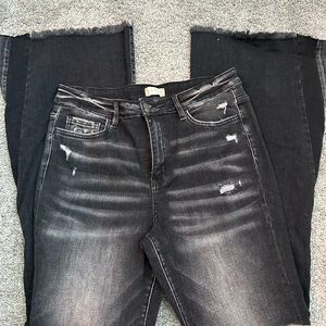 Black Flare Wide Leg Jeans with Distressed Details